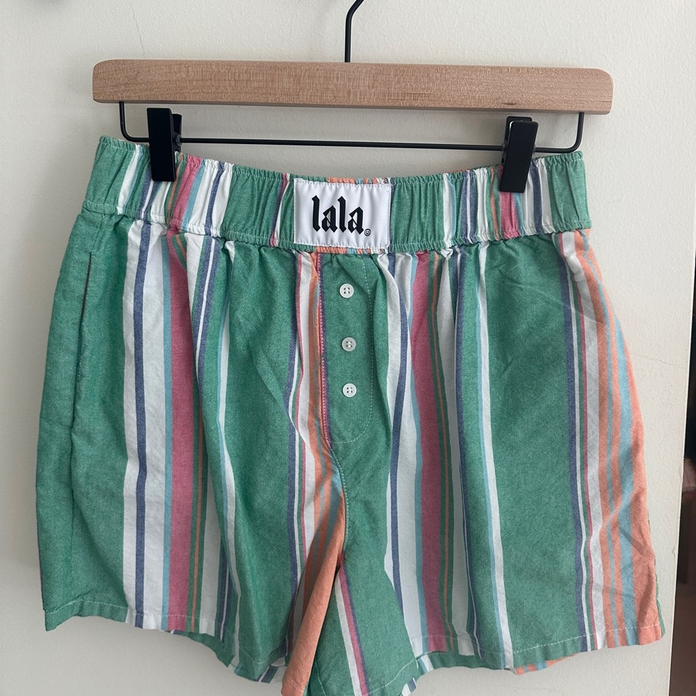 Dressed in LALA Green and Pink Athletic Shorts with Elastic Waistband